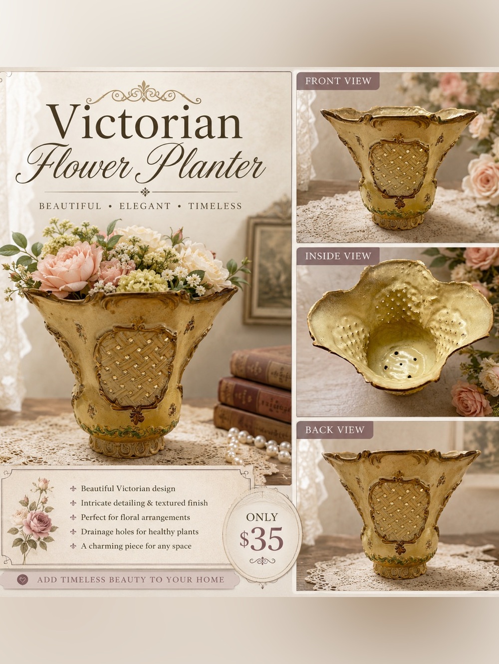 Victorian Design Pedestal Base Plantar with Cream, Gold and Floral Decor